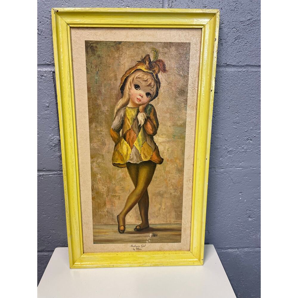 Vintage 1960's "Harlequin Girl" Lithograph Framed Print Mid Century Sad Eyes